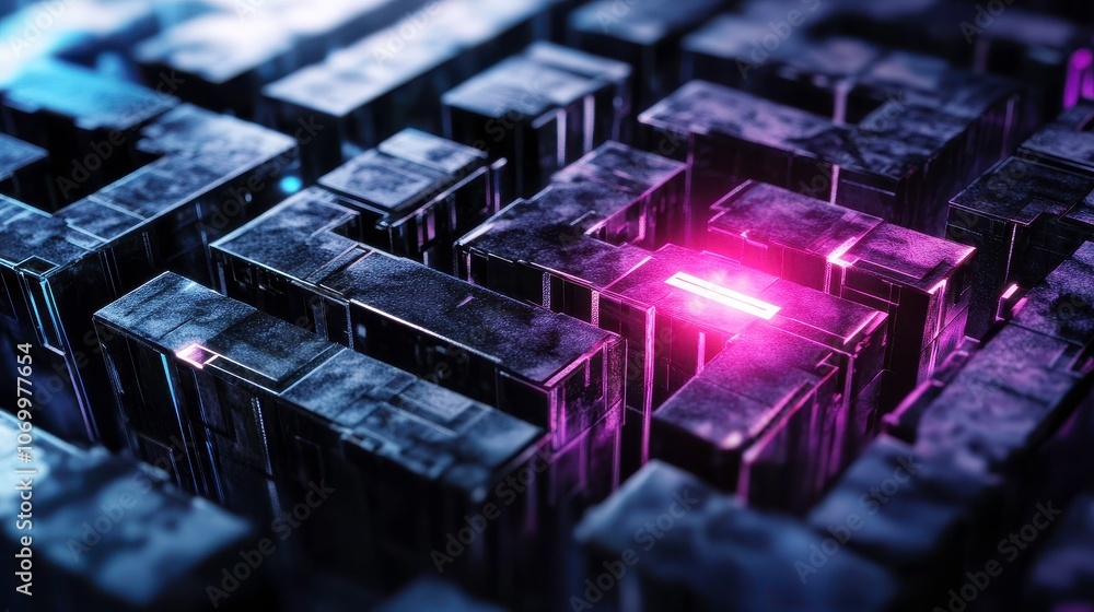 Aufkleber conceptual image of maze with dark metallic walls and glowing purple accents, representing complexit
