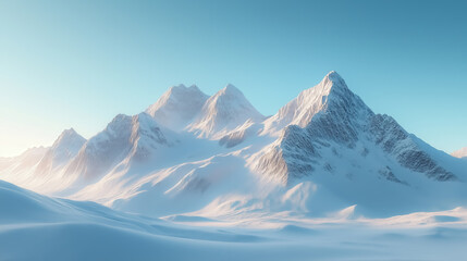 Snowy mountain range with clear blue skies and sunlight reflecting on the snow