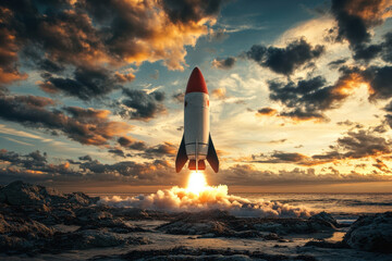 A majestic rocket launches against a dramatic sunset sky, casting vibrant colors over a rocky coastline as it ascends through dark, billowing clouds.