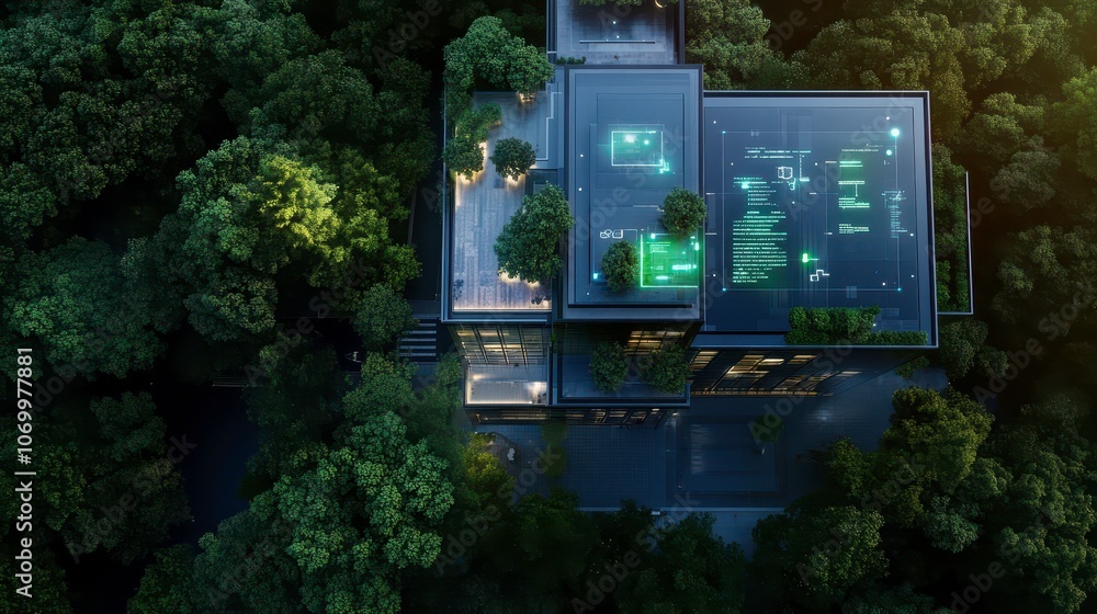Poster aerial view of modern green building project surrounded by trees, showcasing innovative architecture