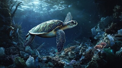Fototapeta premium A sea turtle swims through a polluted ocean filled with debris, highlighting environmental issues.
