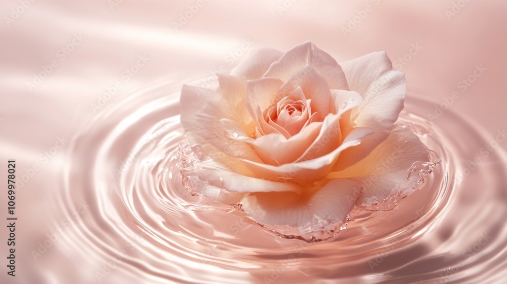 Poster a delicate pink rose floating on water, creating a serene and calming visual effect.
