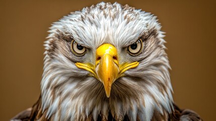 Obraz premium A close-up of a fierce-looking eagle, showcasing its detailed feathers and intense gaze.