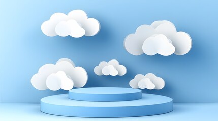 
Blue podium with paper cut clouds on sky background. Vector 3d product display podium, stage or scene with round pastel blue base and origami white clouds. Geometric shape presentation stand, platfor