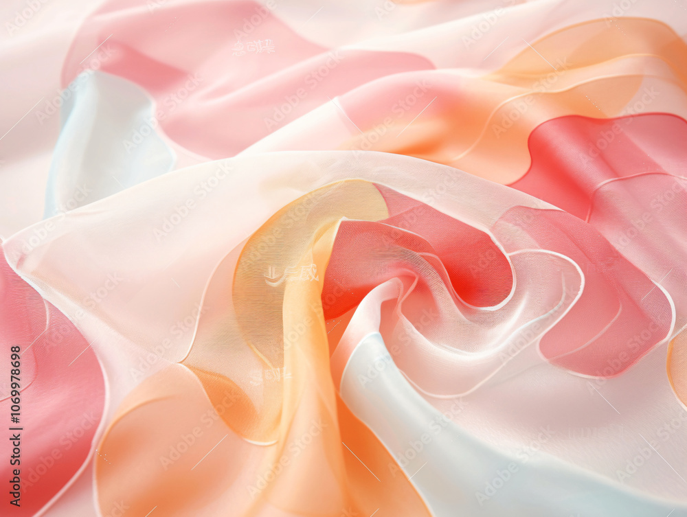 Poster a close-up image of soft, flowing fabric in shades of pink and orange, creating a delicate and elega