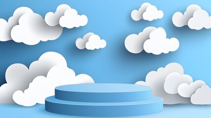 
Blue podium with paper cut clouds on sky background. Vector 3d product display podium, stage or scene with round pastel blue base and origami white clouds. Geometric shape presentation stand, platfor