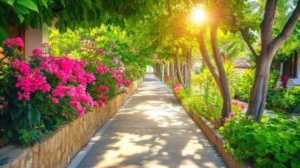 A serene pathway lined with vibrant flowers and trees, illuminated by sunlight.