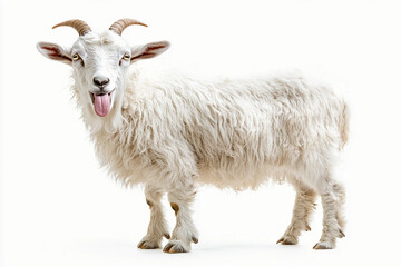 Obraz premium Goat Isolated on White Background: Portrait of a Cute Goat Showing Tongue, Lamb