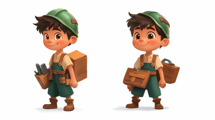 Two illustrations of a happy cartoon boy wearing a green hardhat, overalls, and carrying a toolbox.