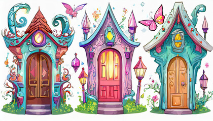 Set of Cartoon Fairy Doors and Magical Elements. designs surrounded by mystical items like tiny mushrooms, sparkles, vines, and tiny lanterns, perfect for fairy tale themes.