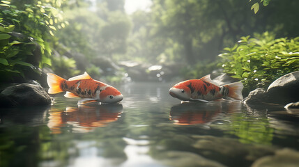 Two koi fish swim in a clear stream, surrounded by lush greenery.