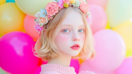 Fototapeta premium Joyful Girl with Flower Crown and Colorful Balloons - Capturing the Spirit of Childhood Celebration