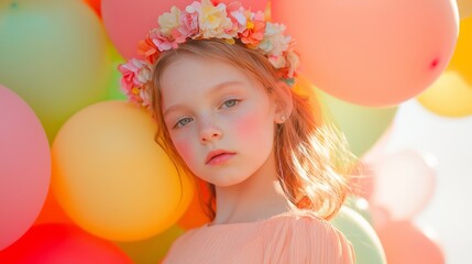 Fototapeta premium Joyful Girl with Flower Crown Among Colorful Balloons - Celebrating Childhood Spirit
