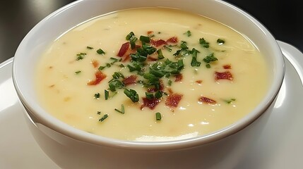 Creamy soup with bacon and chives in a white bowl