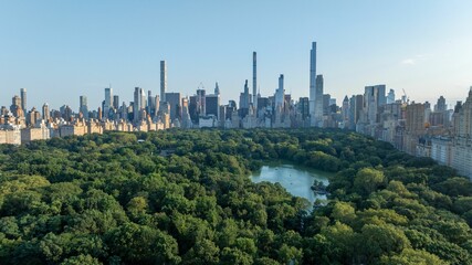 Central Park and NYC skyline aerial view.