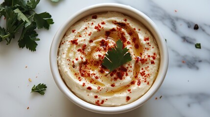 A bowl of hummus topped with paprika and a sprig of parsley