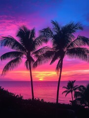 Naklejka premium Colorful sunset over the ocean with palm trees silhouetted against the sky