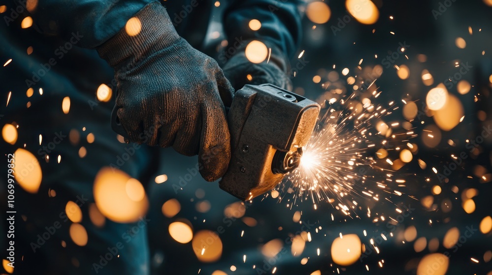 Poster a worker using a tool, creating sparks in an industrial setting.