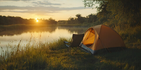 A makeshift campsite near a water source/creek/river in the morning/sunset, with some fishing gear near the campsite. Nature, travel, hiking, commercial poster, background, wallpaper, camping