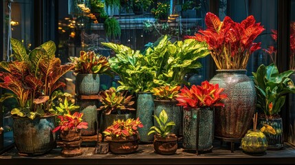 Fototapeta premium A vibrant display of various indoor plants in decorative pots, showcasing greenery and aesthetics.