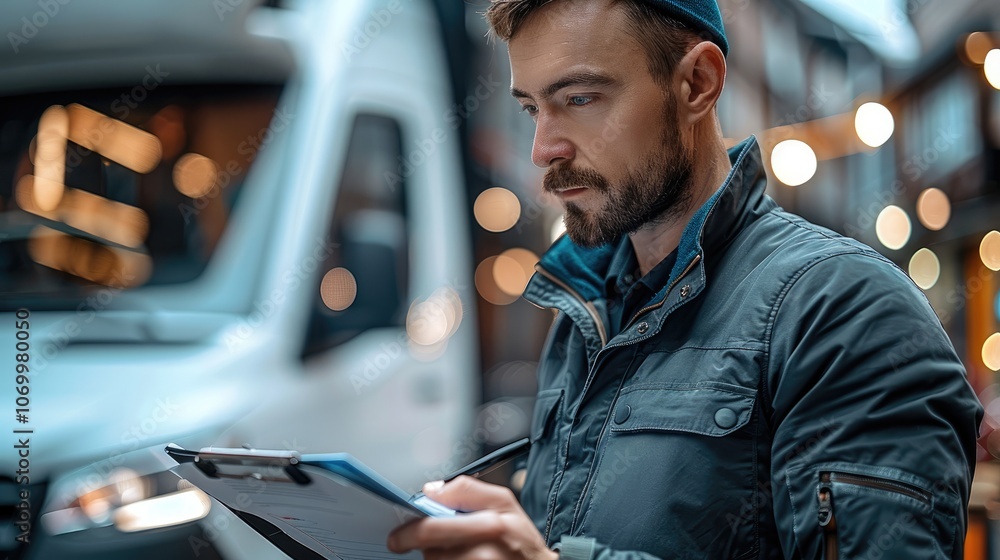 Aufkleber bus engineer taking notes with pen on a file in his hand.