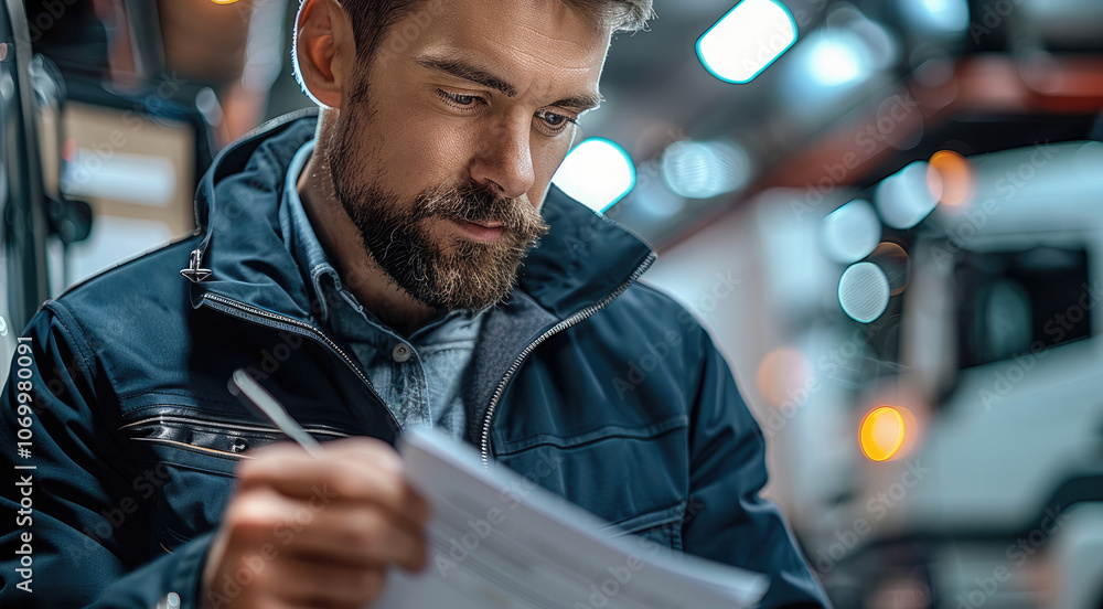 Aufkleber bus engineer taking notes with pen on a file in his hand.