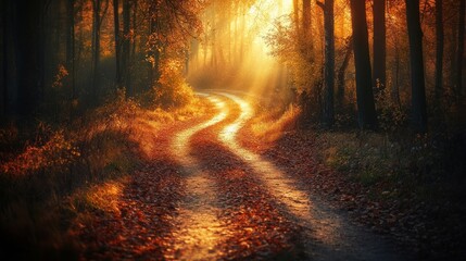 Fototapeta premium A winding path through a sunlit forest in autumn, surrounded by vibrant foliage.