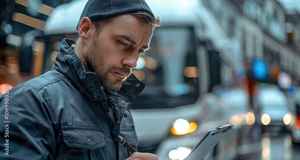 Poster bus engineer taking notes with pen on a file in his hand.
