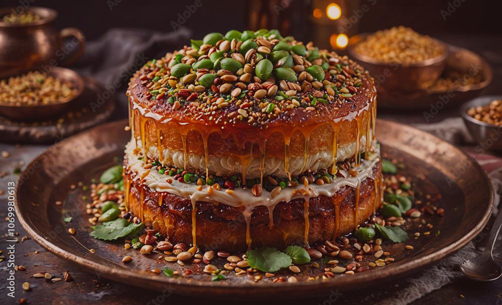 Poster cake with nuts and seeds on top of it
