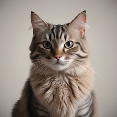 A cat sits calmly against a soft gray background, showcasing its serene demeanor and elegant posture generative ai