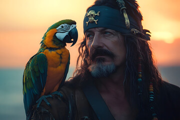 Thoughtful Pirate with Parrot Overlooking Sunset Seascape black background