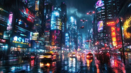 Obraz premium Cyberpunk Cityscape with Rain and Flying Cars