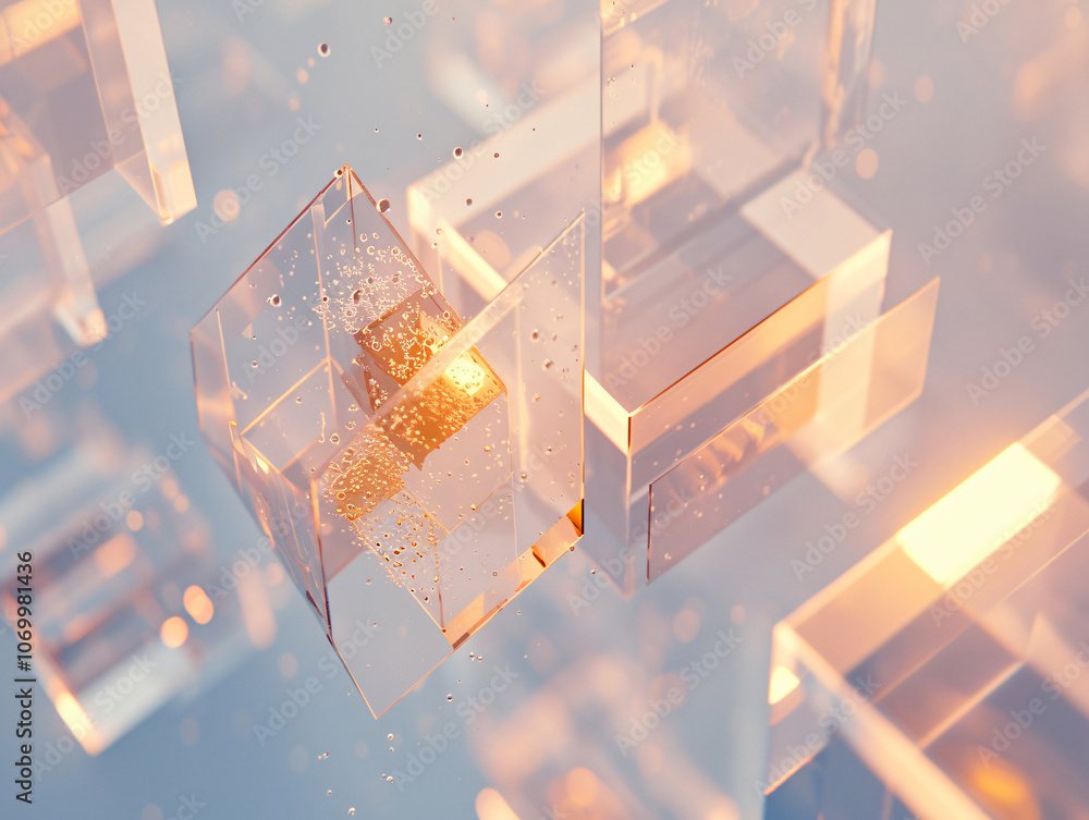 Poster an abstract digital composition featuring floating transparent cubes that catch and reflect golden l