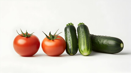 Two red tomatoes and three green cucumbers arranged in a row on a white background.
