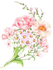 Handdrawn Watercolor Bouquet of Peony and Wild Flowers