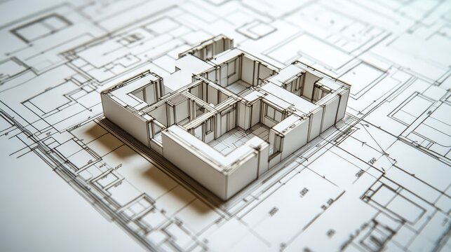 3d house model on blueprints, visualizing architectural design and construction planning for a modern home