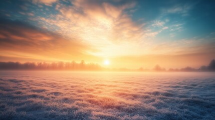 Obraz premium Winter sunrise over a snow-blanketed field, gentle mist in the air