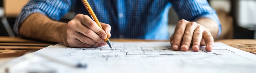 Man deep in thought, sketching an illustration on paper with pencil, detailed artistic expression