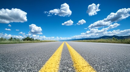 Naklejka premium Bright yellow road line, a guide for safe travel on asphalt streets and highways