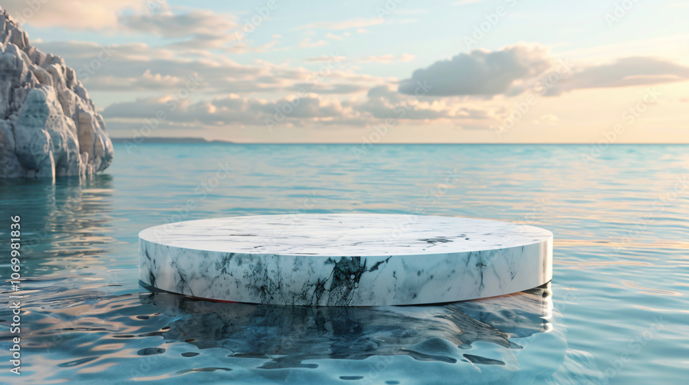 Poster a serene digital image of a marble platform floating on calm waters, reflecting the sky and clouds, 