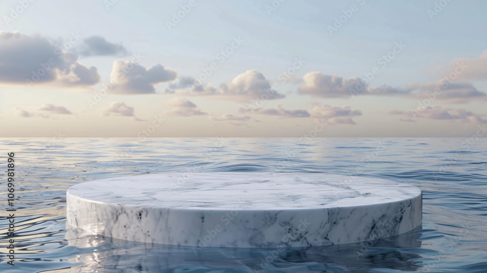 Poster a minimalist digital depiction of a marble platform on calm waters under a clear sky, emphasizing si