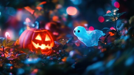 A glowing jack-o'-lantern with a ghostly figure flying by in a dark, forested setting with colorful bokeh lights.