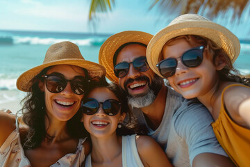 A cheerful family of four enjoying a sunny beach vacation together, smiling and wearing hats
