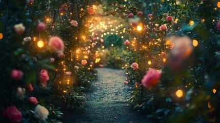 Fototapeta premium A magical path lined with pink flowers and twinkling lights leads through a lush garden.