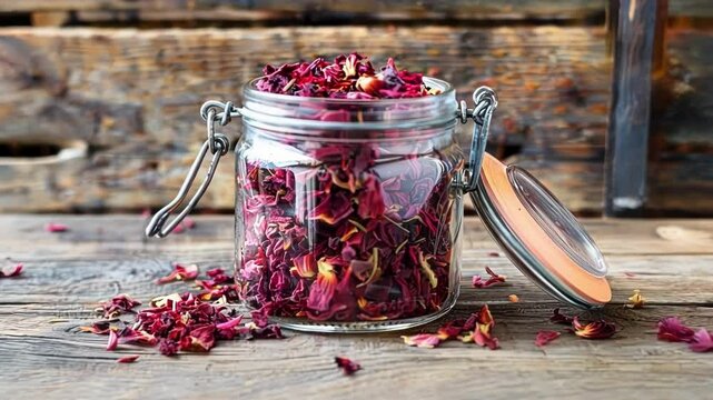 Glass jar filled with vibrant dried hibiscus flowers, ready for brewing into healthy tea. Rustic wooden background enhances organic feel, red petals add pop of color