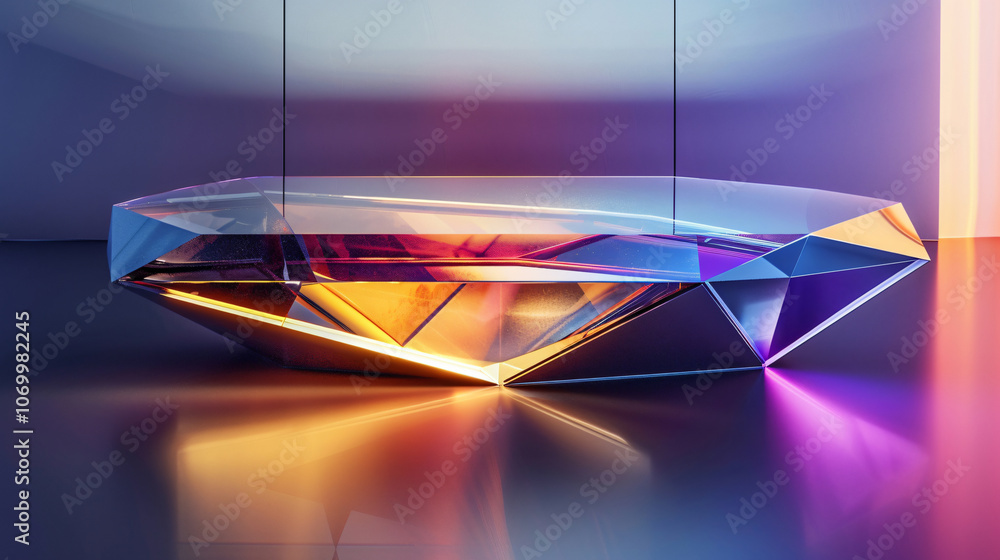 Poster a stunning digital illustration of a crystal-like table with sharp facets reflecting colorful light 