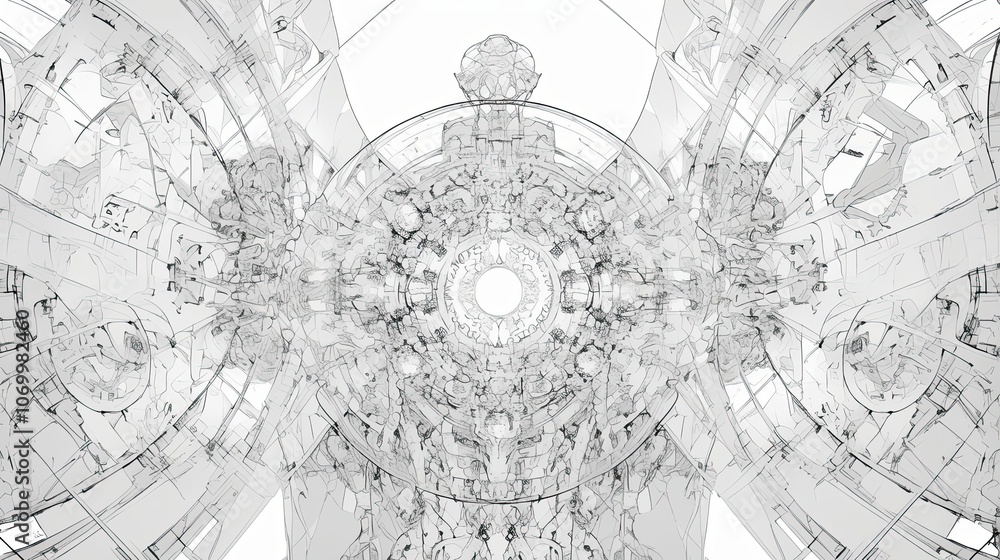 Poster abstract grey and white sketch of a circular object with geometric patterns