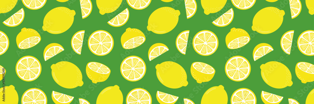 Poster lemon pattern banner, vector background with fruit illustrations, summer horizontal background desig