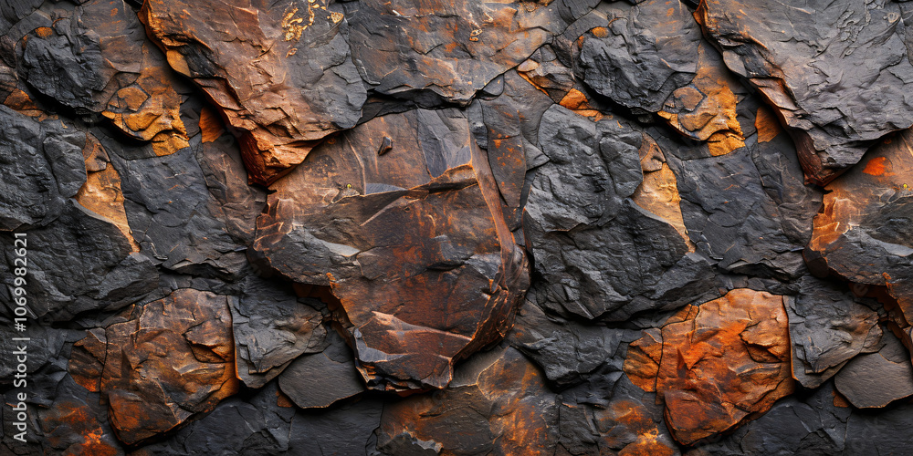 Poster a textured close-up of dark rocks with orange hues, showcasing layers and natural patterns for graph