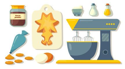 A set of ingredients for baking. Products and kitchen tools for baking, Oven, Blender, Kondyresky bag, flour, rye, corn, whole grain. Cookies, forms for baking. Vector